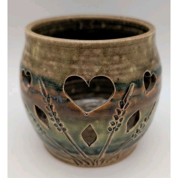 4" tall hand thrown clay pottery candle holder Green blue Brown glaze Signed - Picture 1 of 8